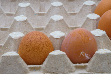 Brown eggs in a cardboard carton made from recycled materials. Some eggs show small dirt spots and...