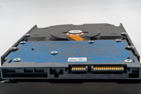 Blue circuit traces, connectors, and components visible on internal underside of computer hard disk...