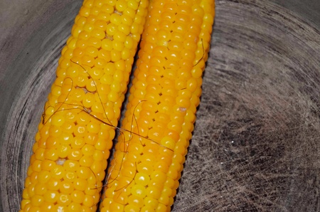 two boiled corn in a panの写真素材
