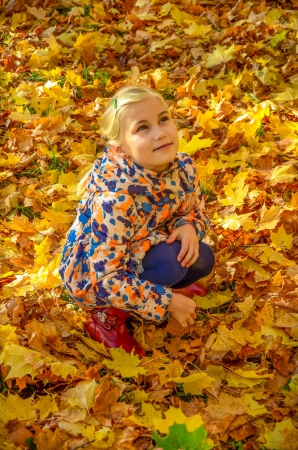 Girl sitting in the maple leavesの写真素材
