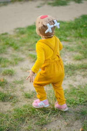 Photo of a blue-eyed toddler girl playing outside on the playgroundの写真素材