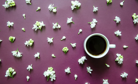 Flatlay dark purple background with small white lilac flowers, white coffee cup on textured backgroundの写真素材