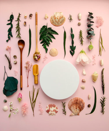 Flat Lay SPA objects in a square composition: sea salt, wooden spoons, white and pink shells, flowers and leaves around a round copy of the white background Mokapの写真素材