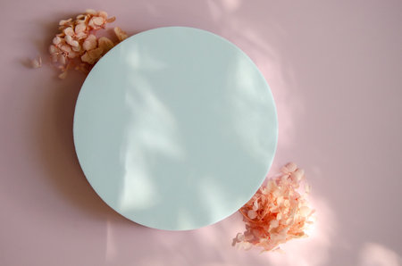 Flatlay white circle Mockup on a pink background and rays of light and shadows falling on dry pink flowers arranged in small bouquets diagonallyの写真素材