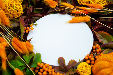 White round copyspace on repeat bright background of yellow and orange leaves, orange flowers dried, pumpkins and yellow threads in balls. Autumn mockup flat lay template muckupの写真素材