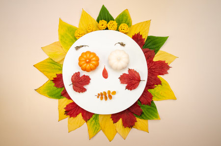 El Dia de Muertos - Round label with various autumn leaves. Autumn round frame - wreath from dry colored leaves isolated on white background, stylized Skull, skeleton face Flat layの写真素材