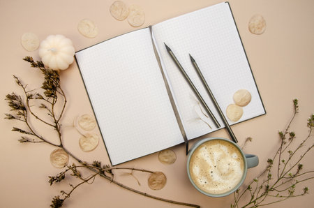 Notepad copyspace, gray pencils and cup of latte on tan begie background with dry brown branches. Autumn minimal flat lay blank pages template muckupの写真素材