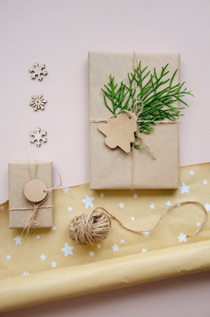 Christmas decoration,Christmas gift boxes collection for mock up template design. View from above. Flat lay.の写真素材