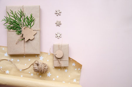 Christmas decoration,Christmas gift boxes collection for mock up template design. View from above. Flat lay.の写真素材