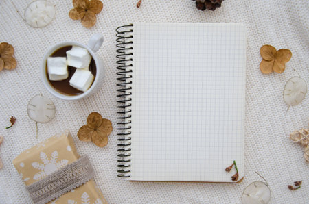 concept for holiday. Craft eco gift, dried flowers, lunaria rediviva,coffee cup with marshmallows,...