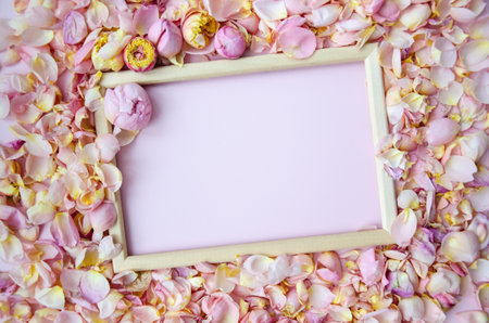 Rose petals, rose buds background with empty wooden frame. Flat lay, copy space. Mother's Day, St. Valentine's Day, March 8 concept. Top view, flat lay. Card design template.の写真素材