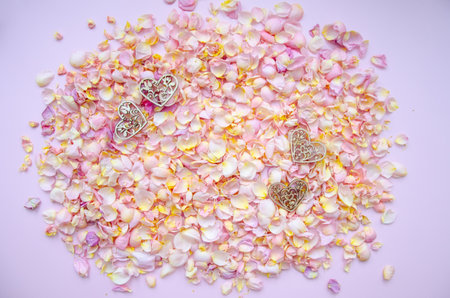 Craft decorative wooden hearts, rose petals and buds on pink background.Valentines Day background and Copy space for your text. card design. love background.の写真素材