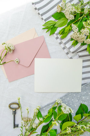 Blank cards and craft rose envelope, vintage key, seasonal herbs on the cotton tablecloth. Creative rustic invitation card, top view.の写真素材