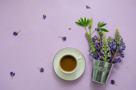 Cup of herbal tea, bouquet of flowers purple lupines in small decorative silver bucket on purple background with lupine petals. space for textの写真素材