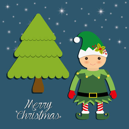 Merry Christmas holidays concept represented by elf cartoon and pine tree icon over flat and isolated backgroundのイラスト素材