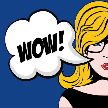 Pop art concept represented by blonde girl cartoon icon. Colorfull illustration. Blue backgroundのイラスト素材