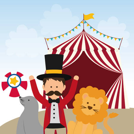 Circus and carnival concept represented by Lion, seal and tamer icon. Colorfull illustration.のイラスト素材