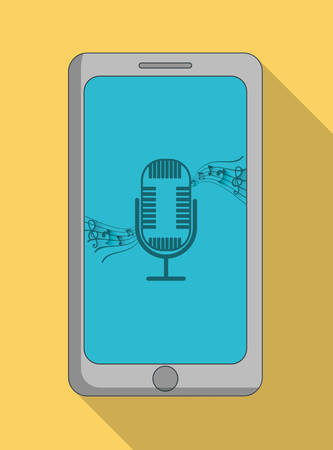 Music online represented by smartphone, microphone and music note icon. Colorfull and Flat illustrationのイラスト素材
