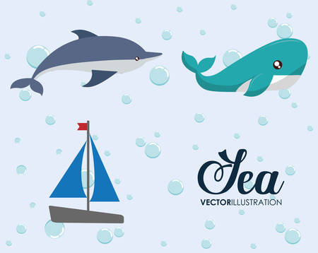 Sea animal and lifestyle design represented by cartoon icon set. Colorfull and flat illustration.のイラスト素材