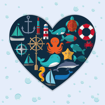 Sea animal and lifestyle design represented by cartoon icon set. Colorfull and flat illustration.のイラスト素材