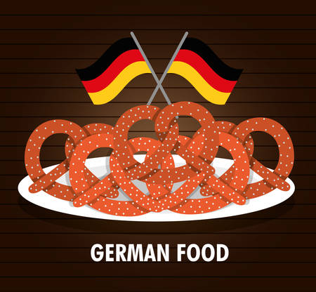 Pretzel flag plate german food. Germany. Colorfull illustration. Brown backgroundのイラスト素材