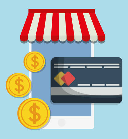 smartphone coins credit card shopping online store market icon. Flat and Colorfull illustration. Vector graphicのイラスト素材