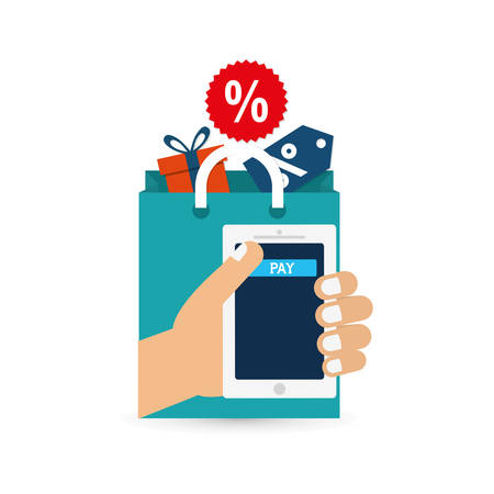gift hand bag label smartphone online payment shopping ecommerce icon. Flat illustration. Vector graphicのイラスト素材