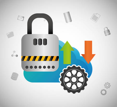 padlock gear cloud computing web hosting data center security system technology icon set. Colorful and flat design. Vector illustrationのイラスト素材