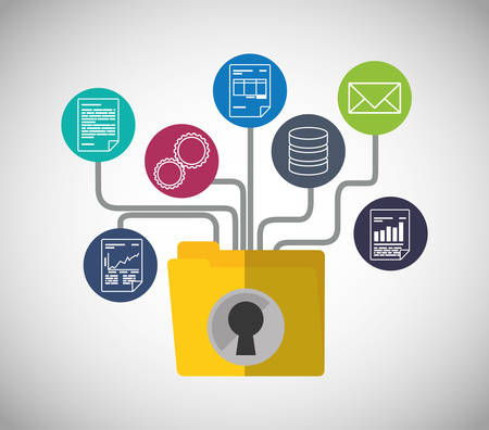 file folder document padlock web hosting data center security system technology icon set. Colorful and flat design. Vector illustrationのイラスト素材