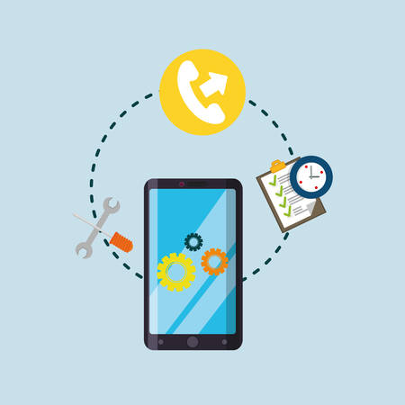 smartphone gear customer service technical service call center icon set. Colorful and flat design. Vector illustrationのイラスト素材