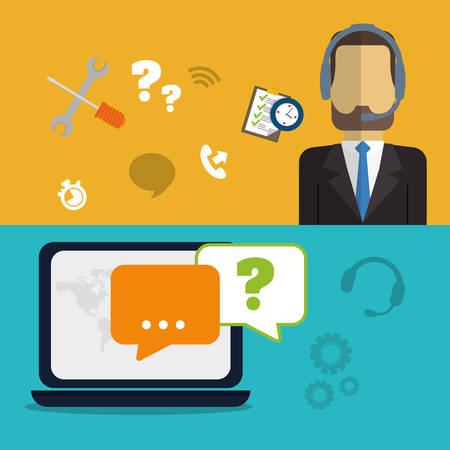 man headphone male laptop customer service technical service call center icon set. Colorful and flat design. Vector illustrationのイラスト素材