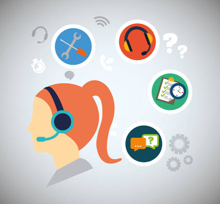 woman headphone tools customer service technical service call center icon set. Colorful and flat design. Vector illustrationのイラスト素材