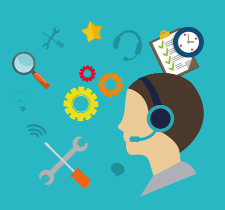 man headphone male tools gears customer service technical service call center icon set. Colorful and flat design. Vector illustrationのイラスト素材