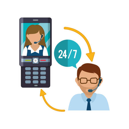 cellphone mobile woman man headphone customer service technical service call center icon set. Colorful and flat design. Vector illustrationのイラスト素材