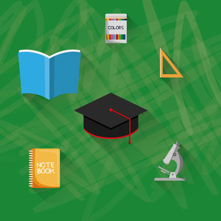 cap book colors microscope back to shool education  icon set. Colorful and grunge design. Vector illustrationのイラスト素材