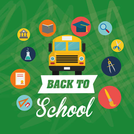 bus cap brush flask scissors back to shool education  icon set. Colorful and grunge design. Vector illustrationのイラスト素材