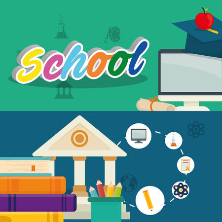 graduation cap books colors computer diploma pencil back to shool education  icon set. Colorful and flat design. Vector illustrationのイラスト素材