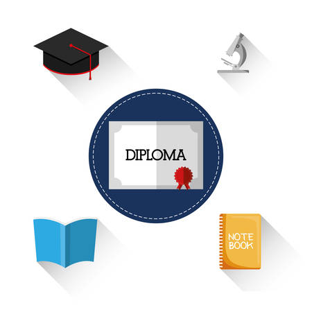 graduation cap book diploma microscope back to shool education  icon set. Colorful and flat design. Vector illustrationのイラスト素材