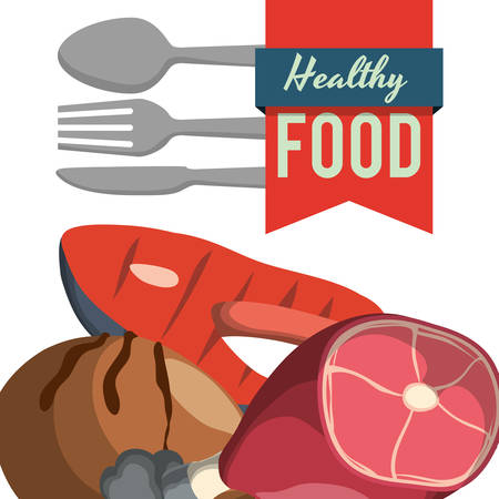 meat fish chicken cutlery healthy and organic food nutrition lifestyle icon set. Colorful and flat design. Vector illustrationのイラスト素材