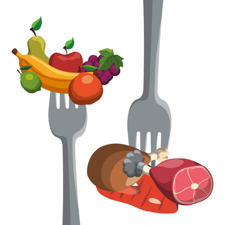 meat protein fruits fork healthy and organic food nutrition lifestyle icon set. Colorful and flat design. Vector illustrationのイラスト素材