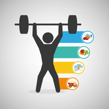pictogram weight lifting fish vegetables drinks healthy lifestyle fitness gym bodybuilding icon set. Colorful and flat design. Vector illustrationのイラスト素材