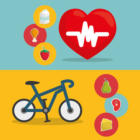 bike food heart healthy lifestyle fitness gym bodybuilding icon set. Colorful and flat design. Vector illustrationのイラスト素材