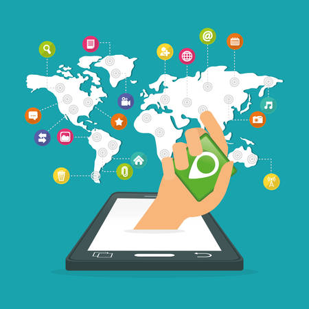 smartphone hand map mobile apps application online icon set. Colorful and flat design. Vector illustrationのイラスト素材