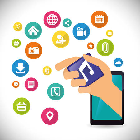 smartphone hand mobile apps application online icon set. Colorful and flat design. Vector illustrationのイラスト素材