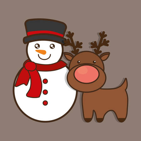 snowman reindeer deer cartoon merry christmas decoration celebration con. Colorful and flat design. Vector illustrationのイラスト素材