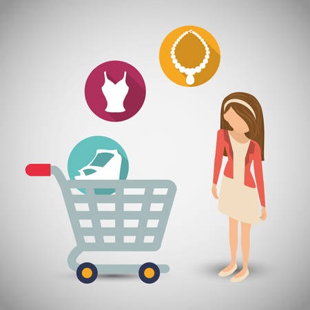 woman girl avatar shopping cart shop store sale offer market icon set. Colorful and flat design. Vector illustrationのイラスト素材