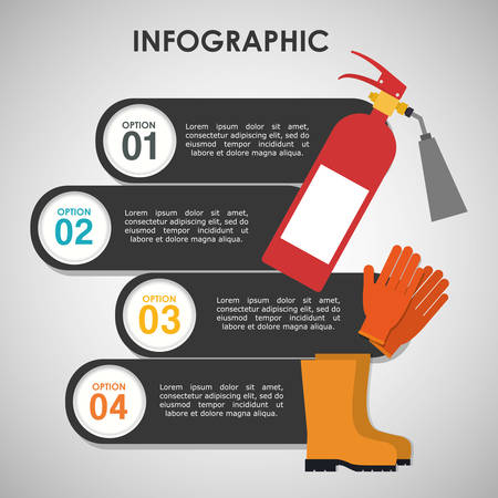 infographic extinguisher boots glove industrial security safety protection icon set. Colorful and flat design. Vector illustrationのイラスト素材