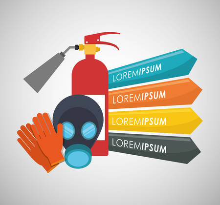infographic extinguisher mask industrial security safety protection icon set. Colorful and flat design. Vector illustrationのイラスト素材