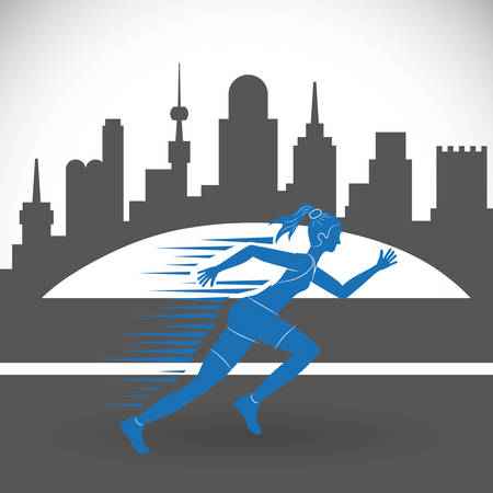 runner athlete woman girl city urban buildings running training fitness healthy lifestyle sport marathon icon. Colorful and flat design. Vector illustrationのイラスト素材