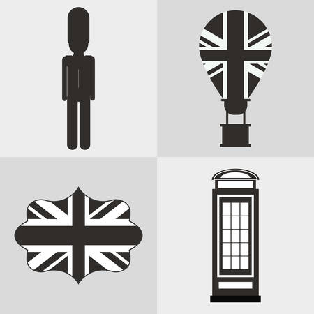 flag telephone soldier hot air balloon london england landmark patriotic british culture icon. Silhouette design. Vector illustrationのイラスト素材